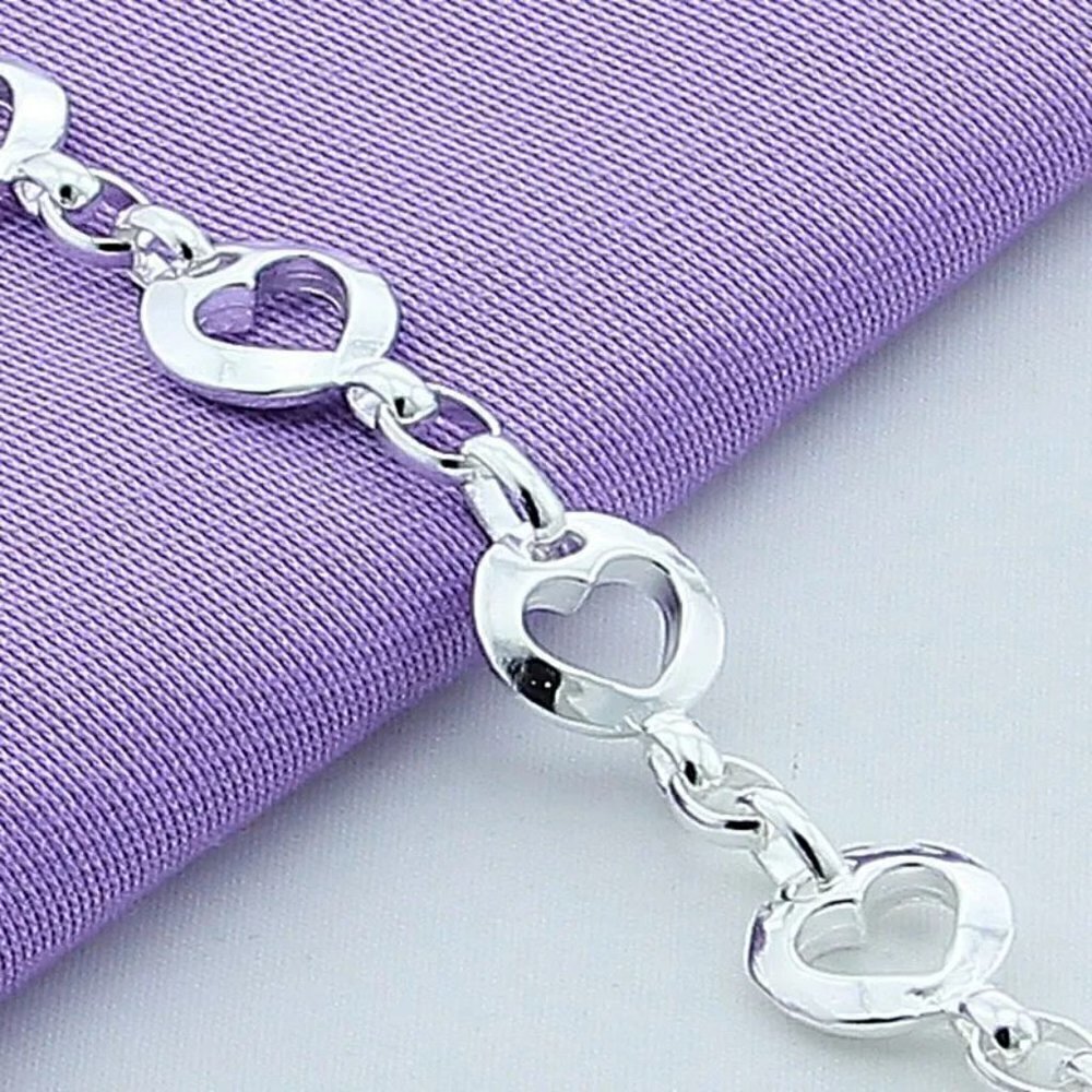 Sterling Silver 925 Smooth Round Bead with Heart Cutout Chain Bracelet #1176 - Picture 3 of 7